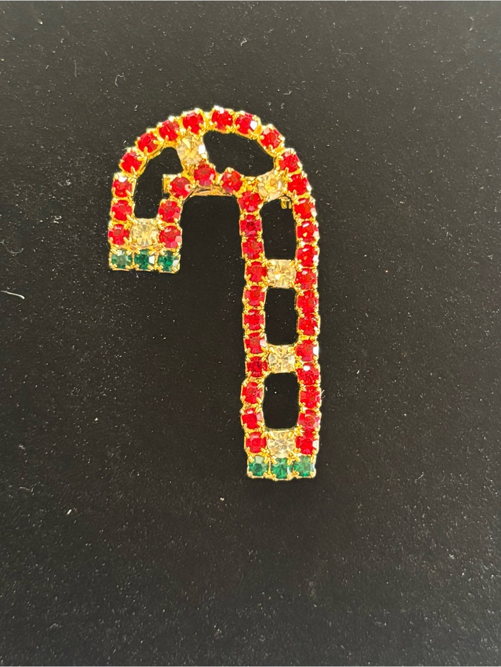 Vintage Gold-Tone Red & Green Candy Cane Crystal Brooch -Sparkling Rhinestones